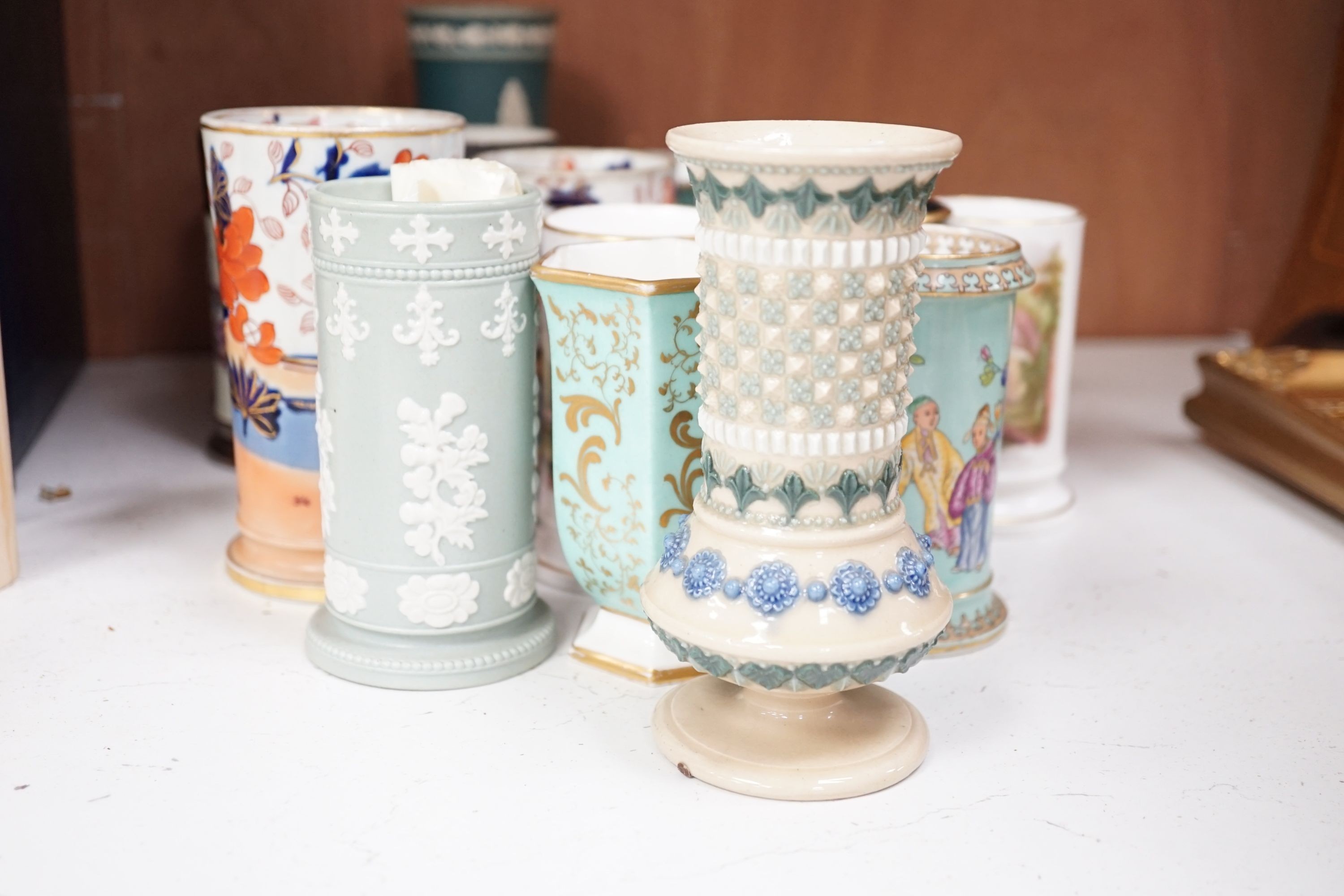 Eighteen various Victorian ceramic spill vases, including Masons and Dudson, tallest 16cm.